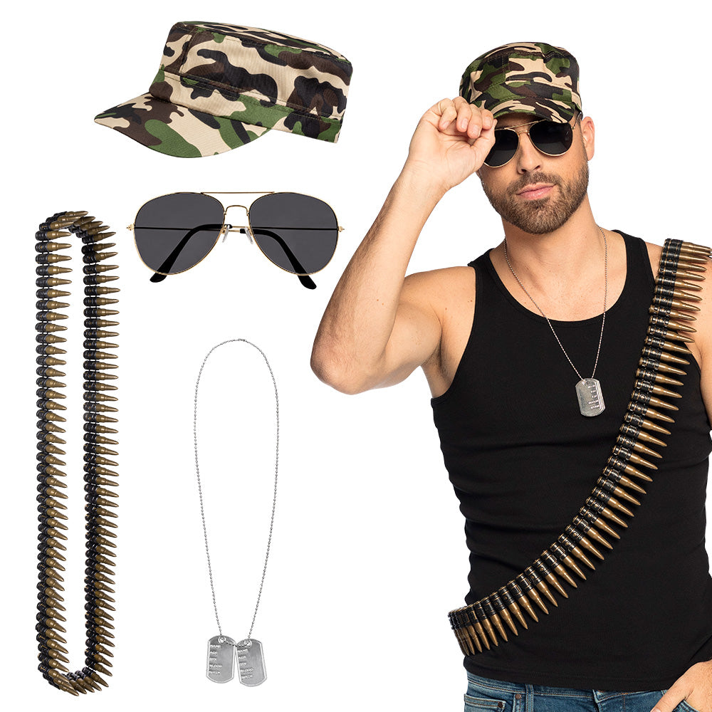 Set Soldier (cap, party glasses, necklace and bullet belt)