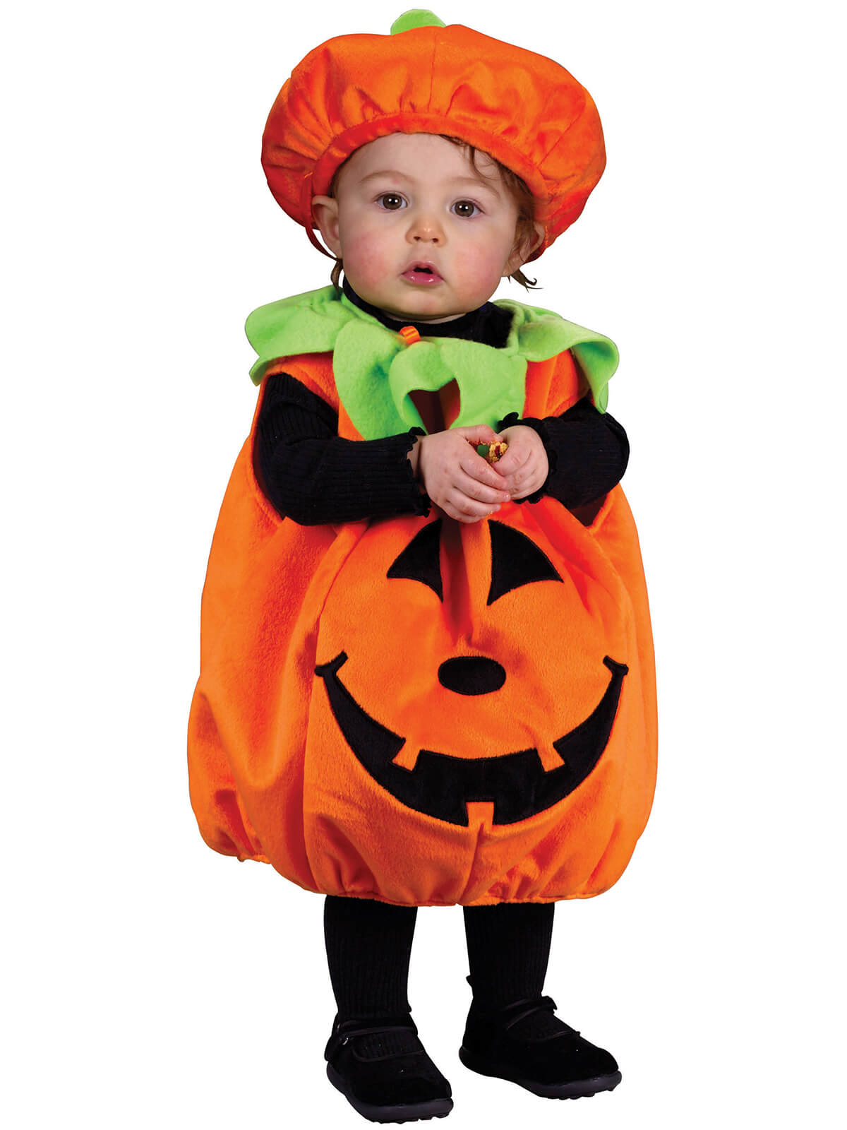 cute toddler in halloween costume pumpkin outfit 