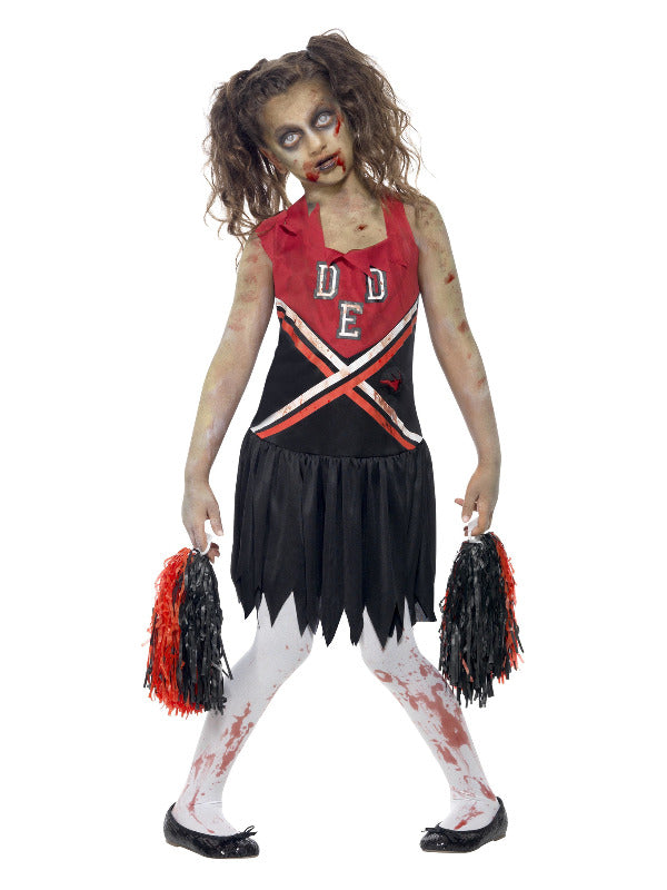 zombie cheerleader girls halloween costume with red and black pom poms