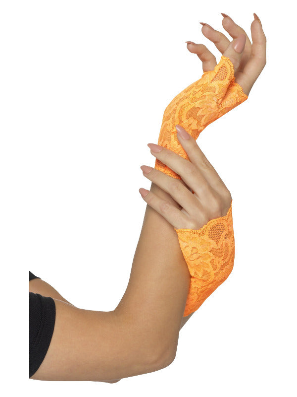 80s Fingerless Lace Gloves, Short, Neon Orange