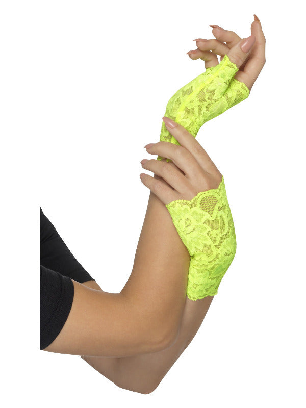 80s Fingerless Lace Gloves, Neon Green