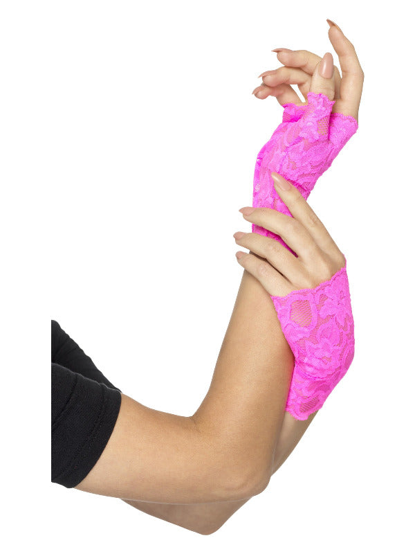 80s Fingerless Lace Gloves, Neon Pink