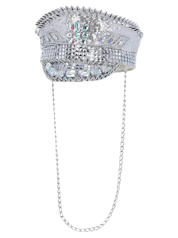 Fever Deluxe Silver Sequin Studded Captains Hat