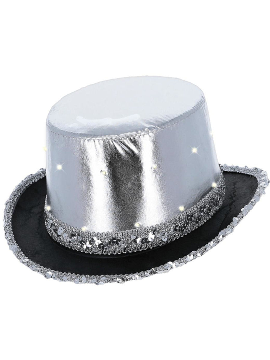 LED Light Up Metallic Top Hat, Silver