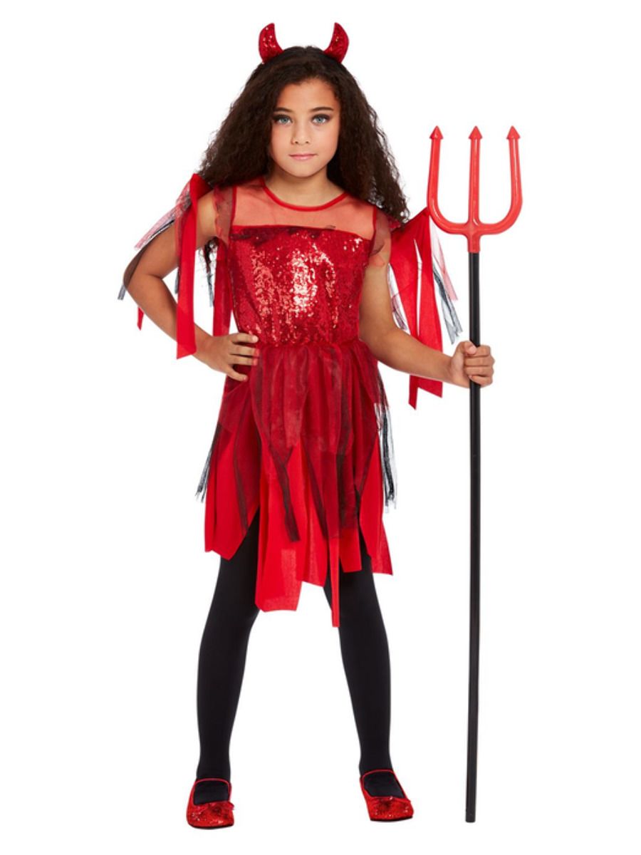 girl holding spear in devil halloween costume