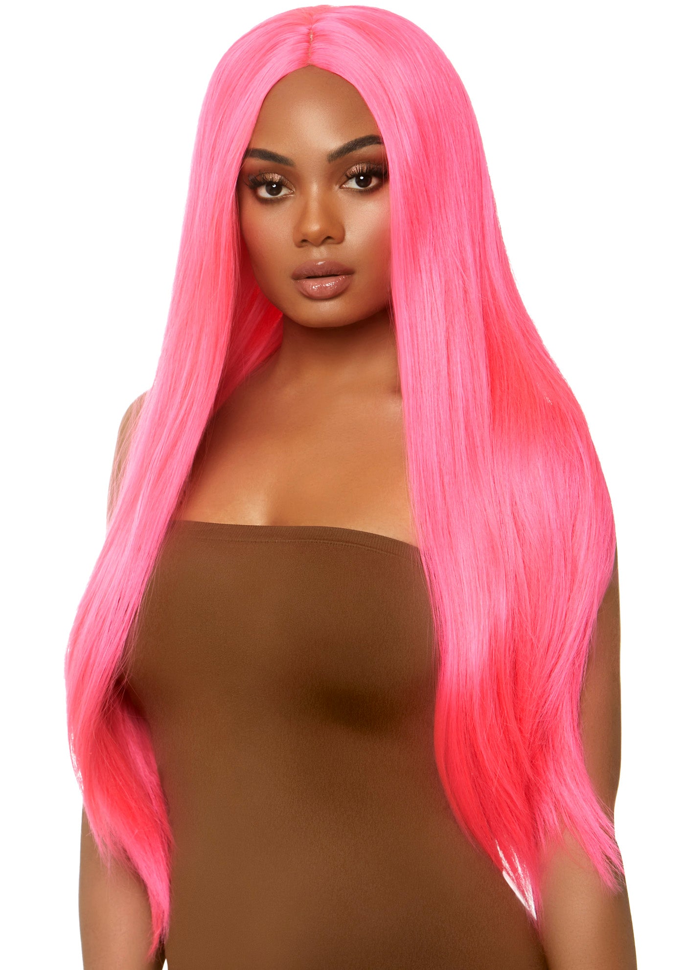 Long straight centre part neon pink wig