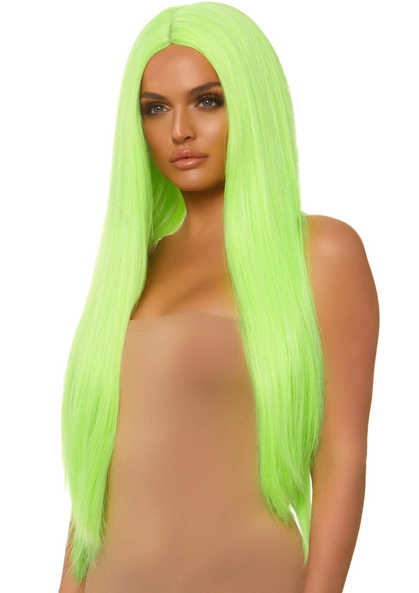 Long straight centre part neon green wig